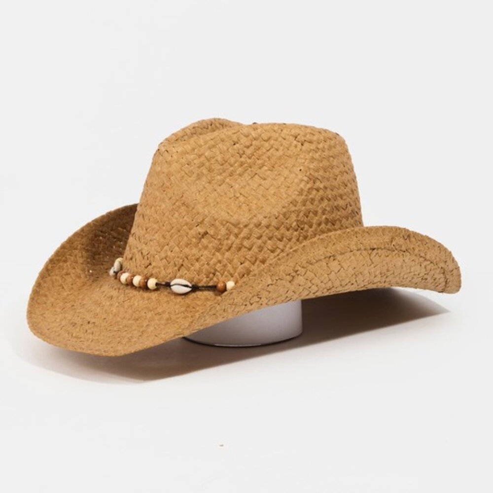 ❤️NWT Fame Beaded Cowrie Shell Straw Weave Western Cowboy Hat